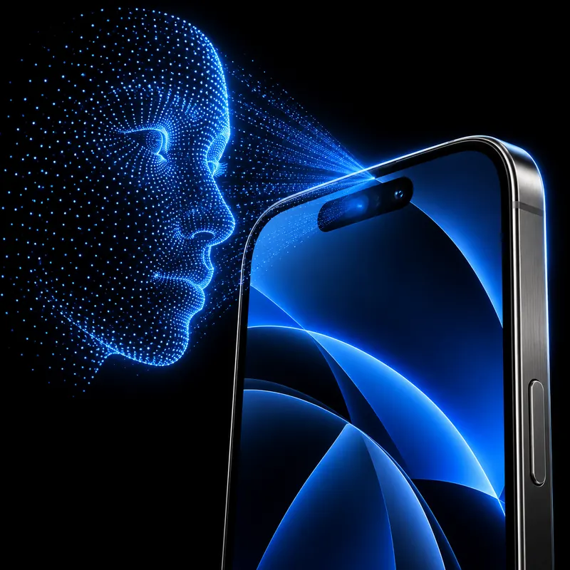 Projeção de pontos do Face ID diante de um iPhone
