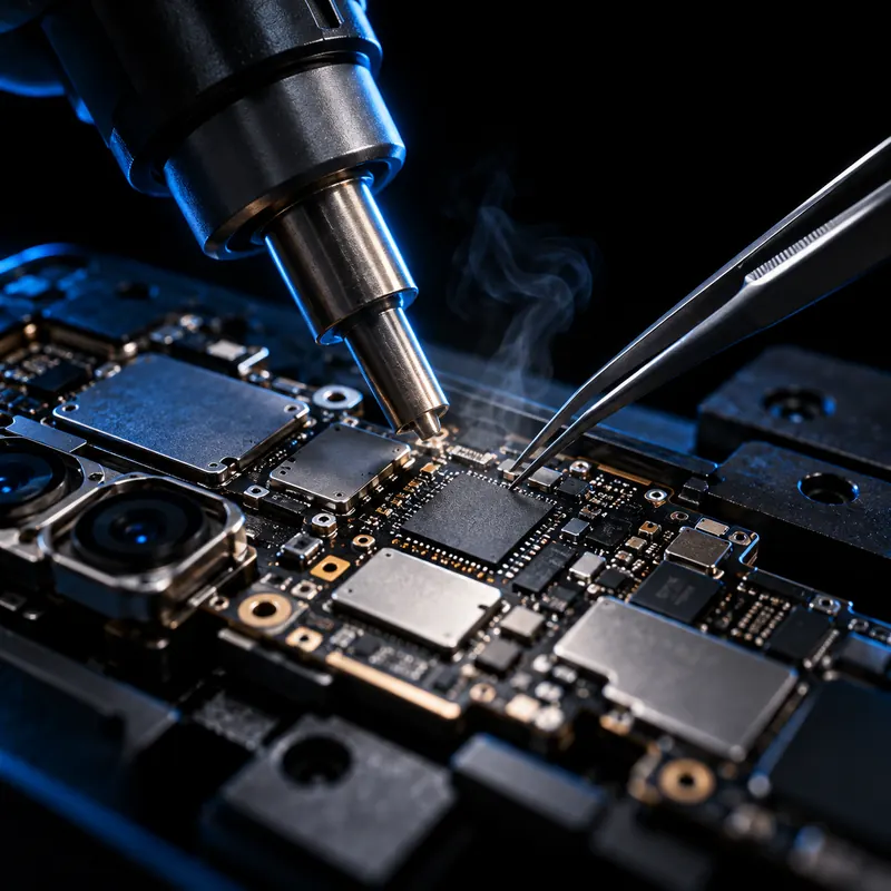 Microsoldagem de componentes na placa de um iPhone