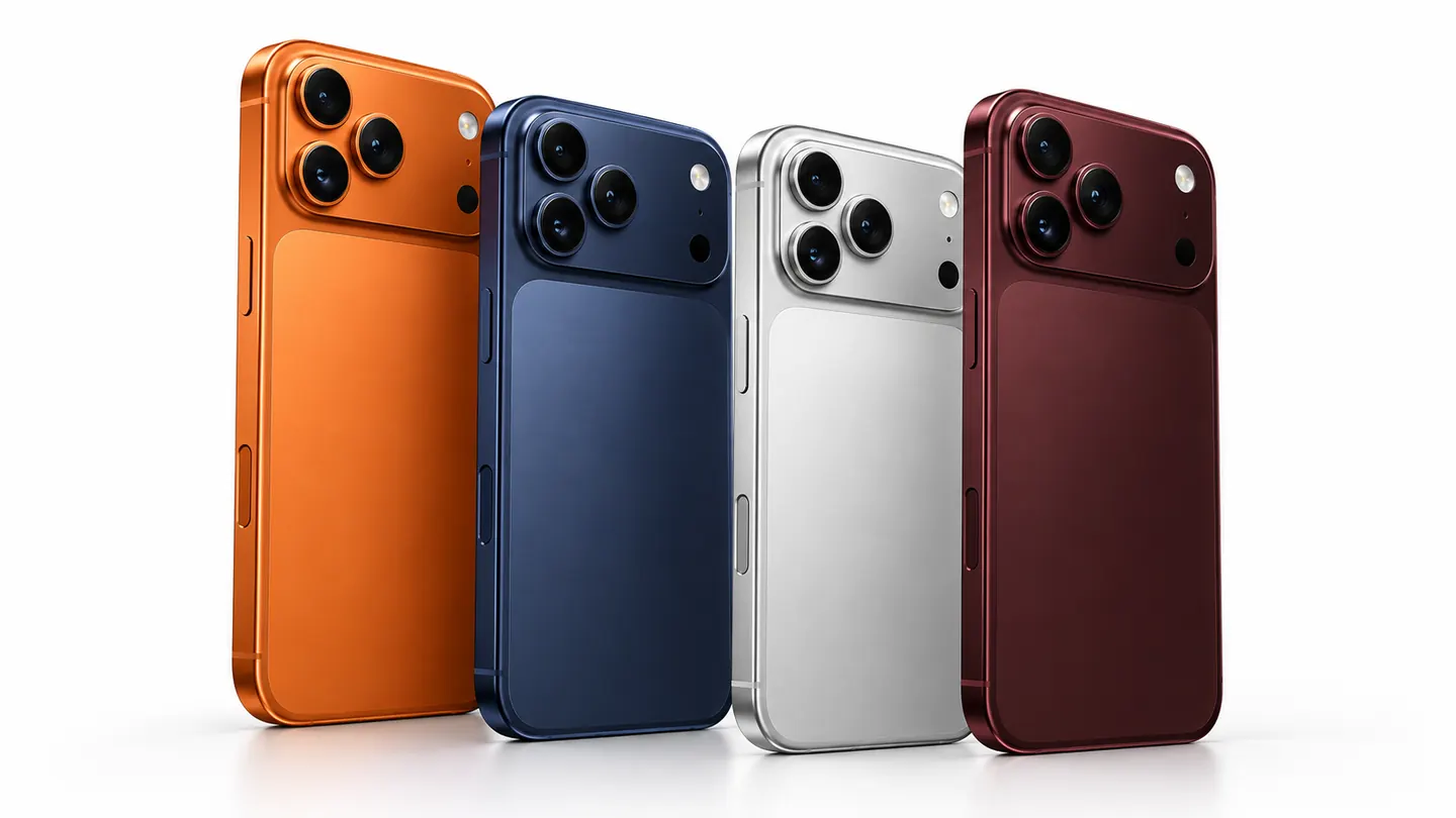 iPhone 17 Pro nas cores laranja cósmico, azul profundo, prata e cereja escura